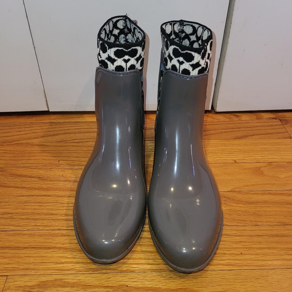 Coach Gray Glossy Ankle Boots with Patterned Trim